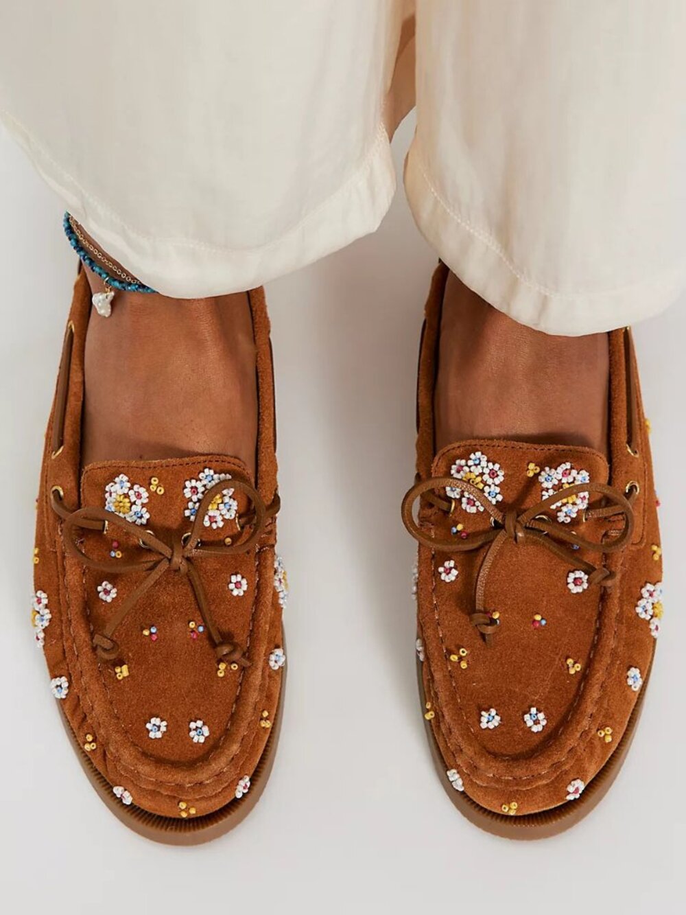 FREE PEOPLE Sandy Seed Bead Boat Shoes / Vachette Voyage Suede - Picture 1 of 12
